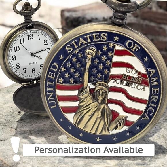 Other - Statue of Liberty Pocket Watch - Patriotic USA Gift, Vintage American Keepsake